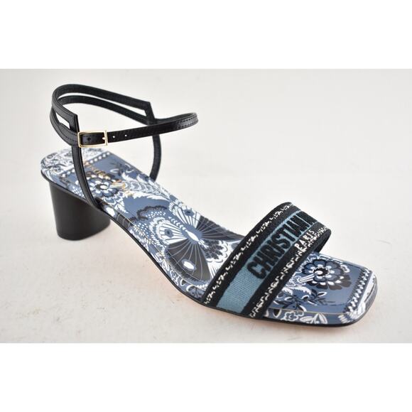 Dior Bandana Embroidered Black Blue Dway Heeled Sandal Strap Low Heel Pump 40 - Picture 4 of 13